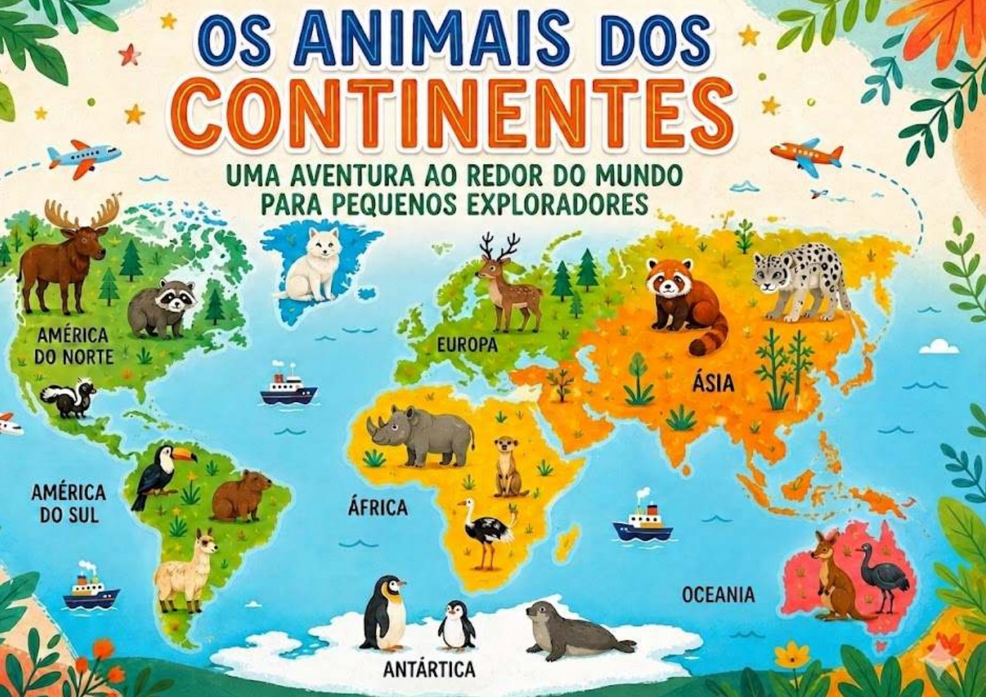 Capa do eBook Os Animais dos Continentes, com mapa-múndi e animais